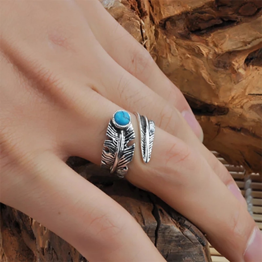 LAST! NEW 925 Sterling Silver Feather Turquoise Ring | Adjustable Size - Picture 3 of 16